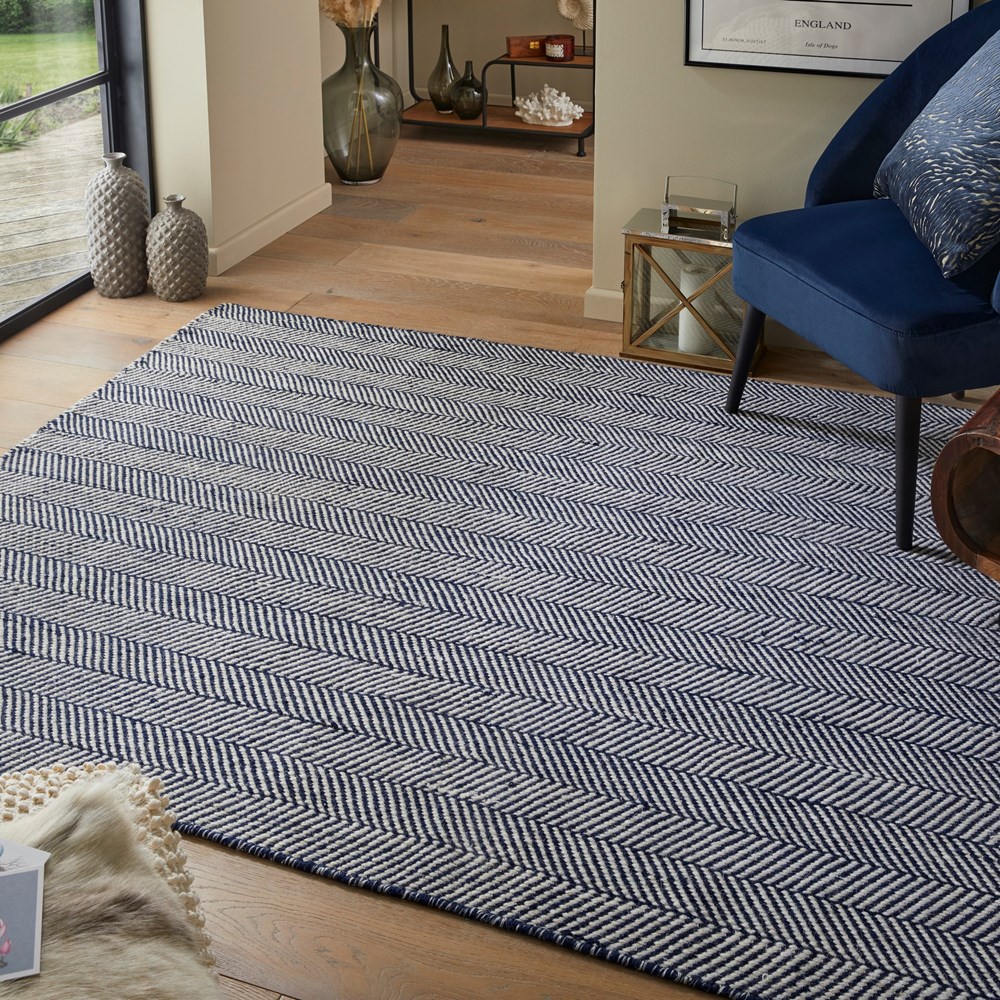 Cotswold Natural COTW02 Wool Herringbone Rugs in Navy Blue